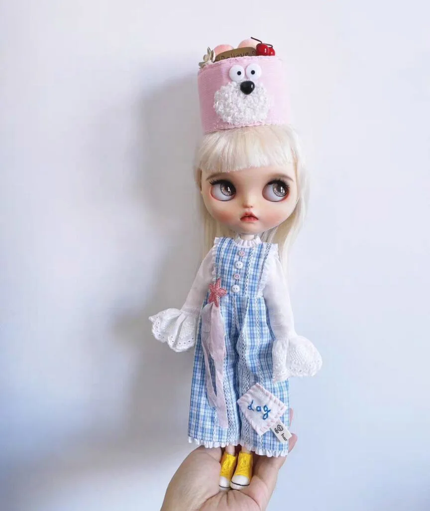 3pcs kawaii dog  style 2025 Blythe White flared sleeve top+blue jumpsuit +dog hat (Fit for Lulu,ymy24,Ob22,24,26,zone, Jenny)