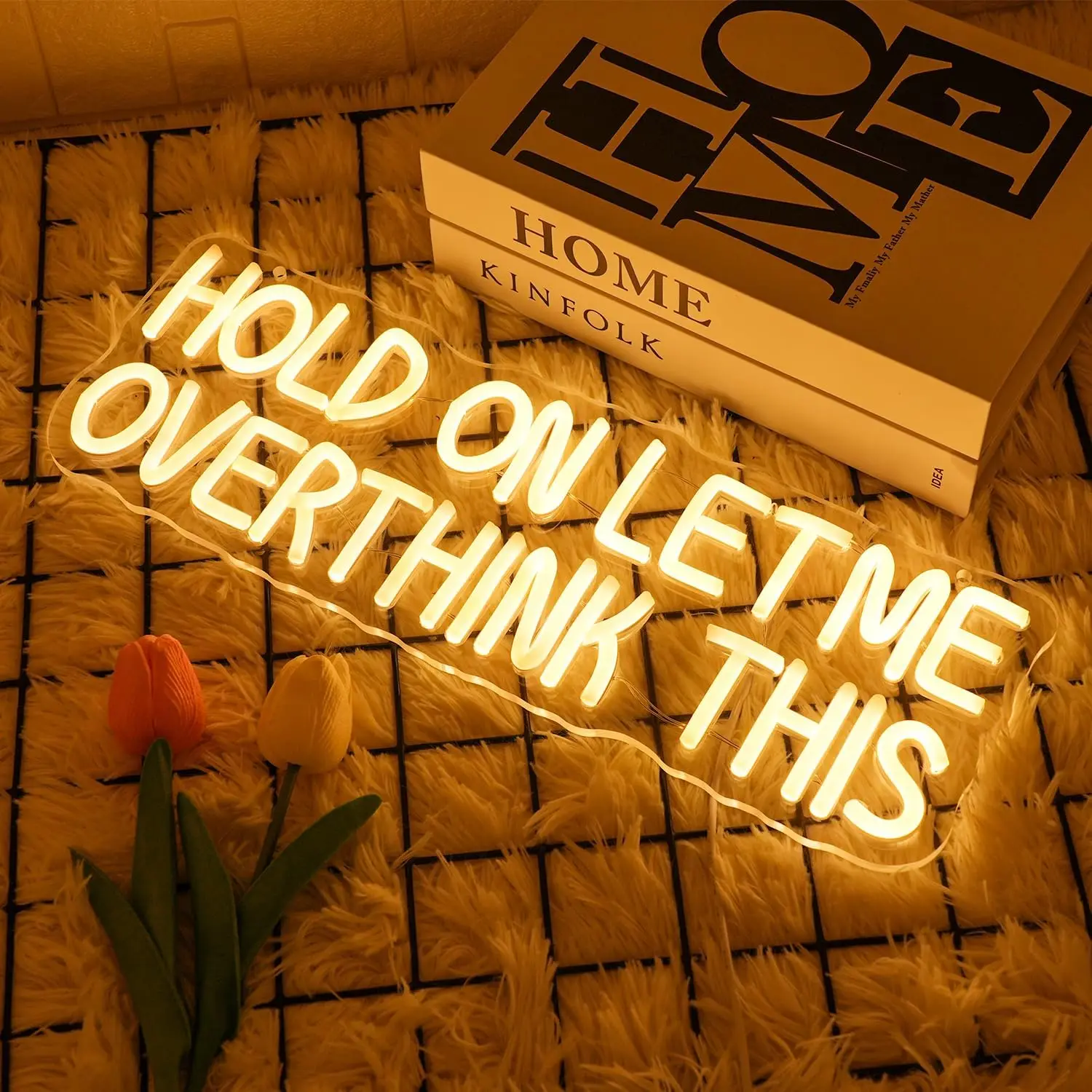 Hold On Let Me Overthink This LED Neon Sign Funny Warm White Letter Dimmable for Bedroom Bar Classroom Party Library Wall Decor