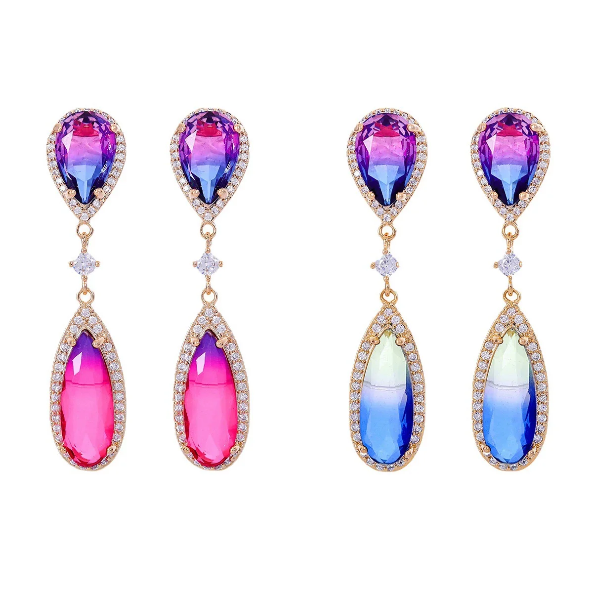 

925 Silver Needle Luxury Gradient Multicolor Gemstone Teardrop Drop Earrings, Elegant Party Wedding Jewelry Gift for Women