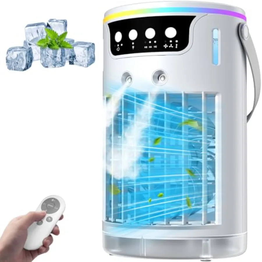 Portable air conditioner for bedroom and home office desk use, plastic body in white, ice-cooling mist and quiet operation with