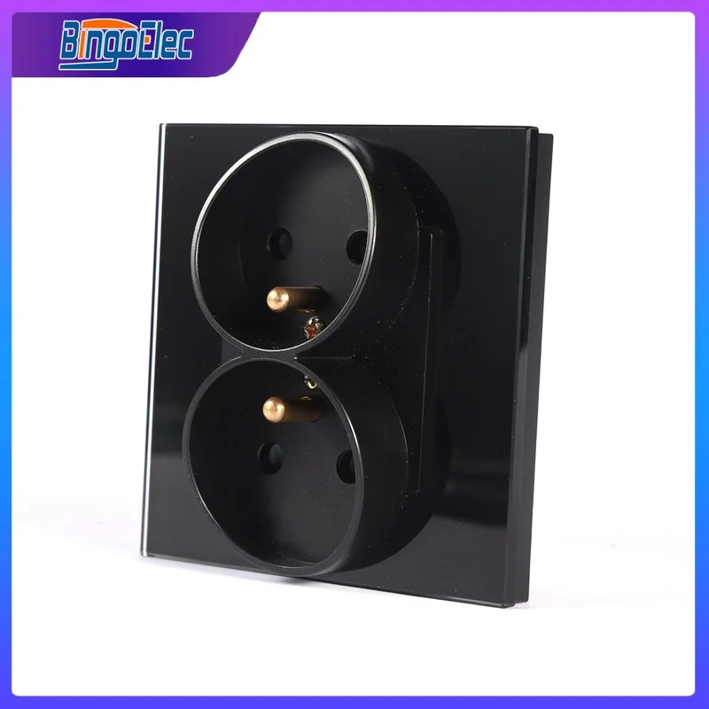 Bingoelec Double French Sockets Poland French Standard Single Electrical outlets Crystal Glass Panel Wall Sockets 86mm