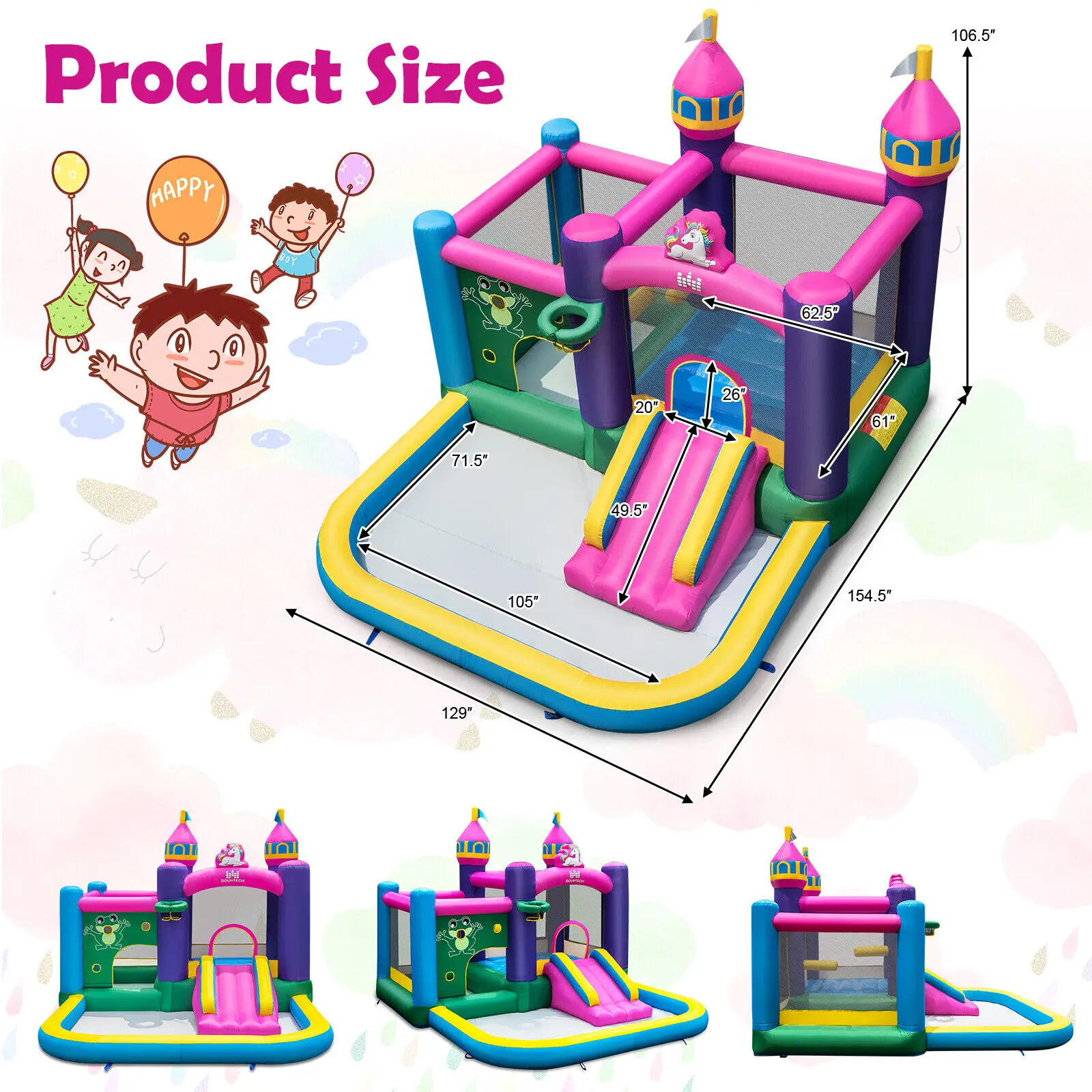 Babyjoy Inflatable Unicorn-themed Bounce House 6-in-1 Kids Bounce Castle W/ 735W Blower