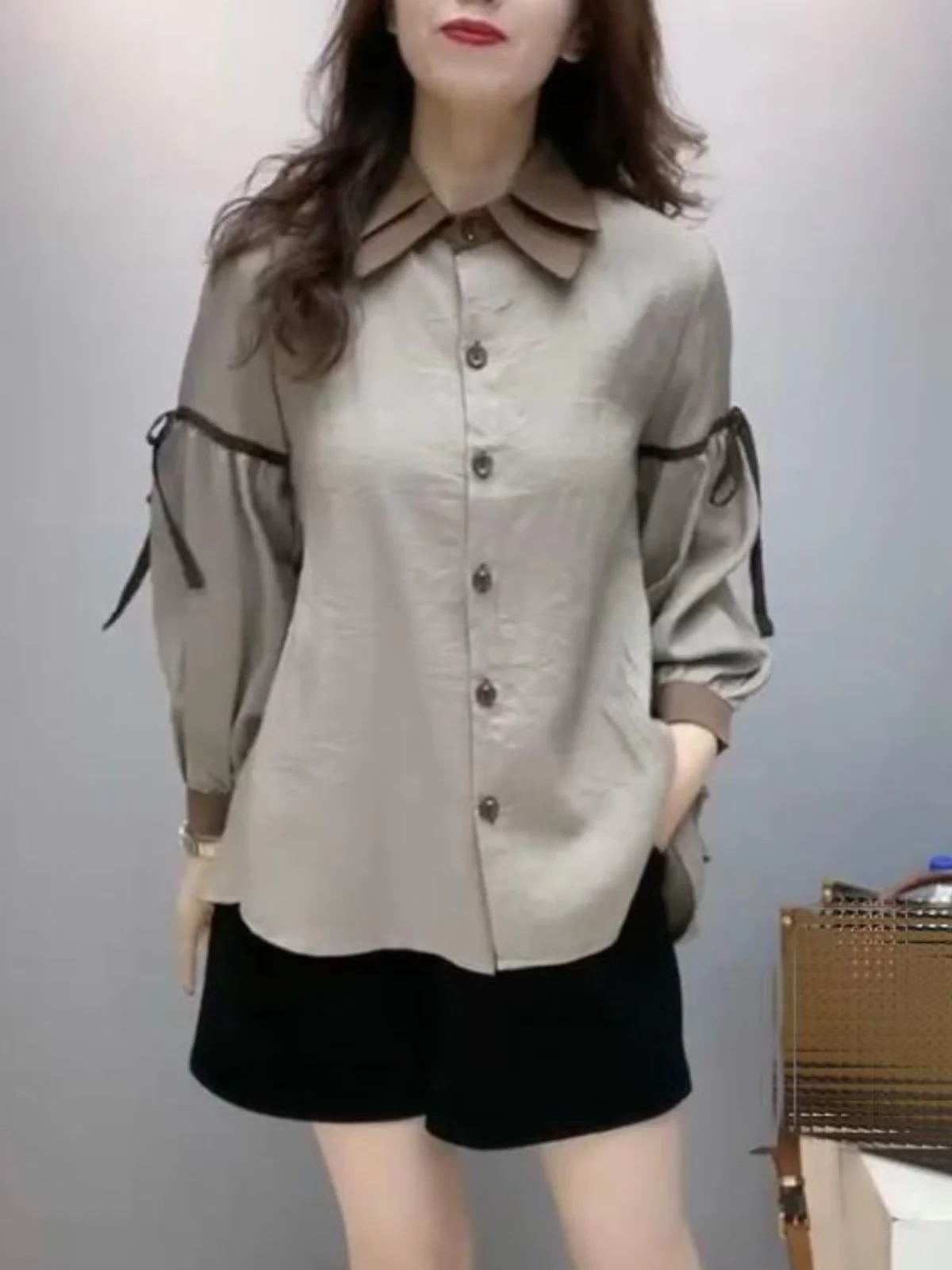 

Chic Early Autumn irt Spring Faion Women's Long Sve Ele Sle Korean Loose Fit Collar Pure Color Trendy irt