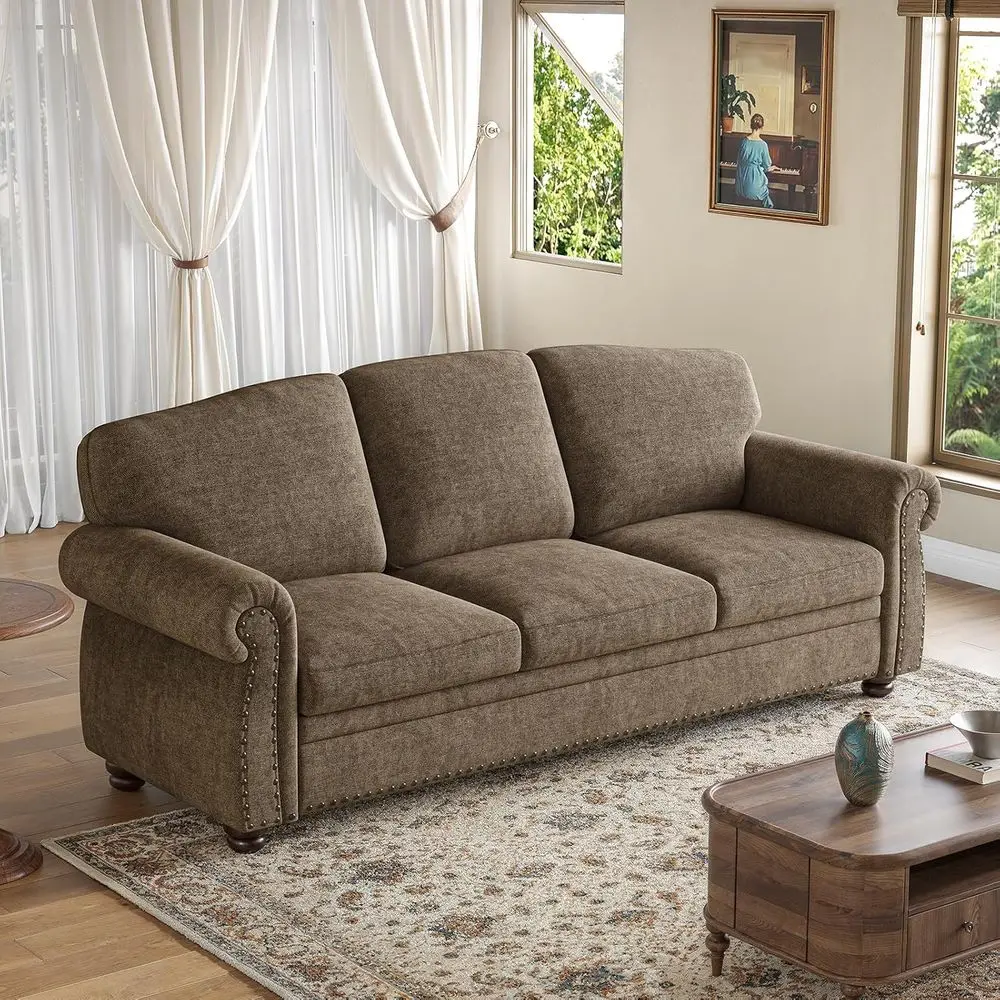 90 أريكة شانيل 3 مقاعد مع 23 مقعدًا عميقًا، أذرع ملفوفة، أرجل خشبية، طراز تقليدي، بني