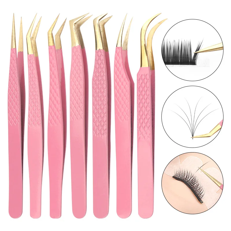 Pinzas de extensión de pestañas postizas de acero inoxidable rosa, tira curva Individual, pinzas para cejas, pinzas para el cabello, herramienta de maquillaje de Arte de uñas