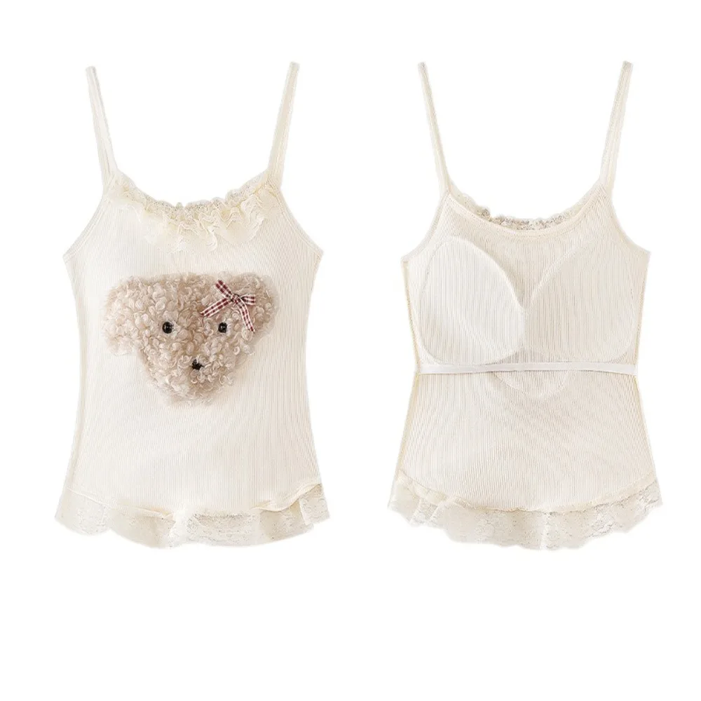 

Plush Dog Lace Sleeveless Crop Top Beachwear Undershirts Sweet Girl's Tank Top Slim Fit Spice Girls Style Camisole with Pads