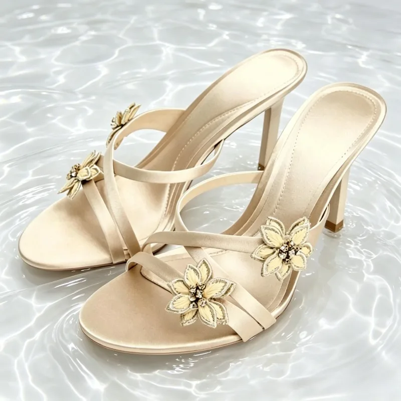 

Sweet Floral Crystal Embellished Mules Sandals Women Fashion Cross Tied Stiletto Slide Sandals Sexy Open-toe Party Dress Shoes
