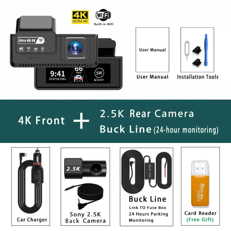 Ultra HD 4K Auto Dashcam, voor- en achtercamera (2.5K), mini WIFI DVR, Black Box, met 24 uur parkeerbewaking, nachtzicht, GPS/achteruitrijcamera