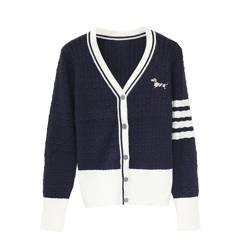

2025 New Arrival Women's V-Neck Cardigan in White and Blue Color Contrast Fashionable Thin Knit Open Front Sweater for Autumn