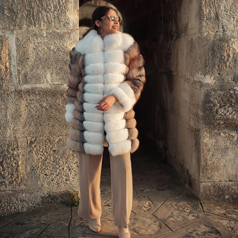 Cappotto di pelliccia di volpe naturale di colore a contrasto donna inverno addensare o-collo capispalla dritto di lusso genuino vera pelliccia di volpe giacca femminile