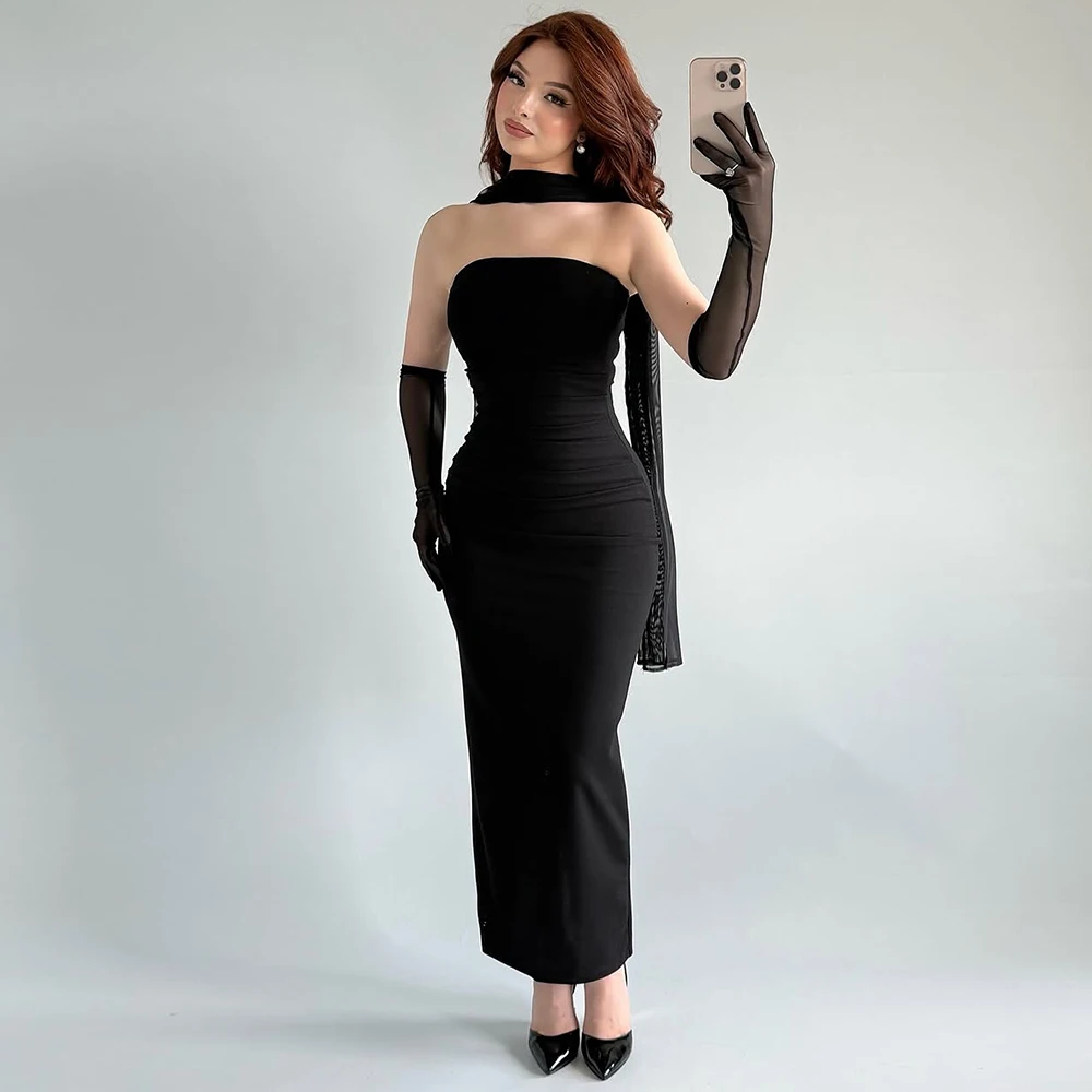

Sheath/Column Cocktail Party Dresses Simple Crepe Fabric Strapless Prom Dress Black Pleat Bespoke Occasion Gown Midi 2025