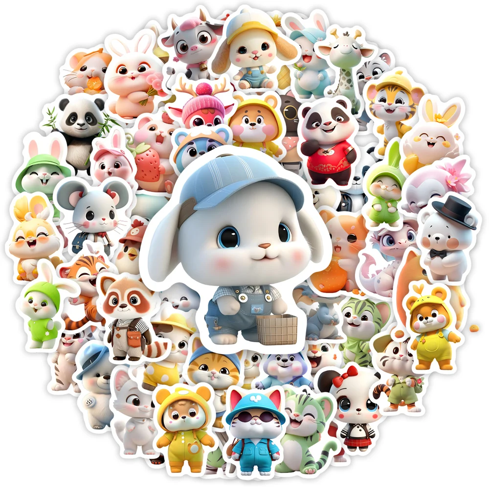 10/30/60pcs 3D Animal Stickers Kawaii Cartoon Critter Anime Cute Pet Tiger Panda Rabbit DIY Sketch Gift Phone Laptop Waterproof