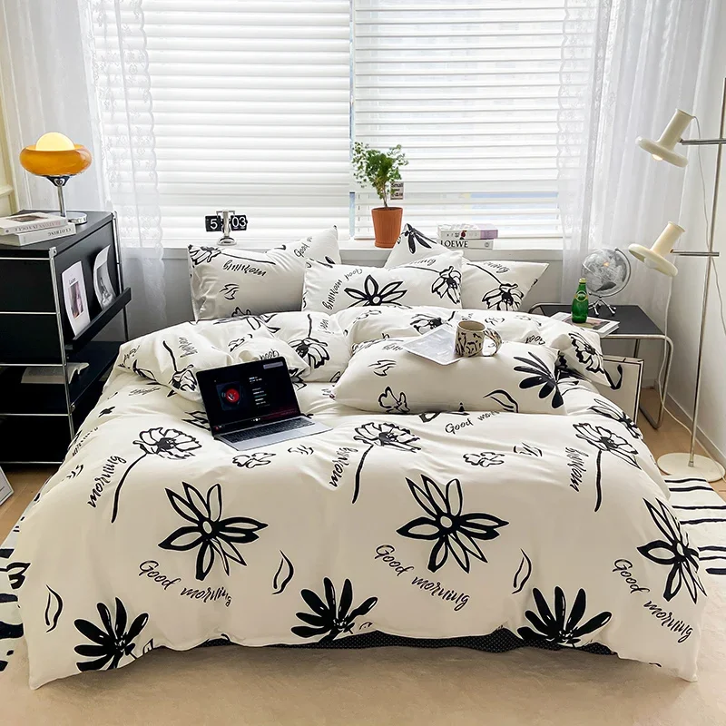 Black Floral Duvet Cover Single/Queen/King Cartoon Botanical Blossom Pattern Bedding Set 100% Cotton Reversible Comforter Cover