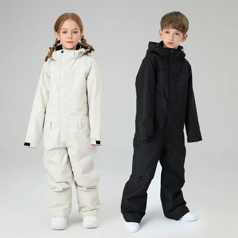 2024 Winter Children One-Piece Ski Suit Girl Hooded Ski Suit Plus Cotton Thickened Boy Work Pants Waterproof Sports Kids Ski Set