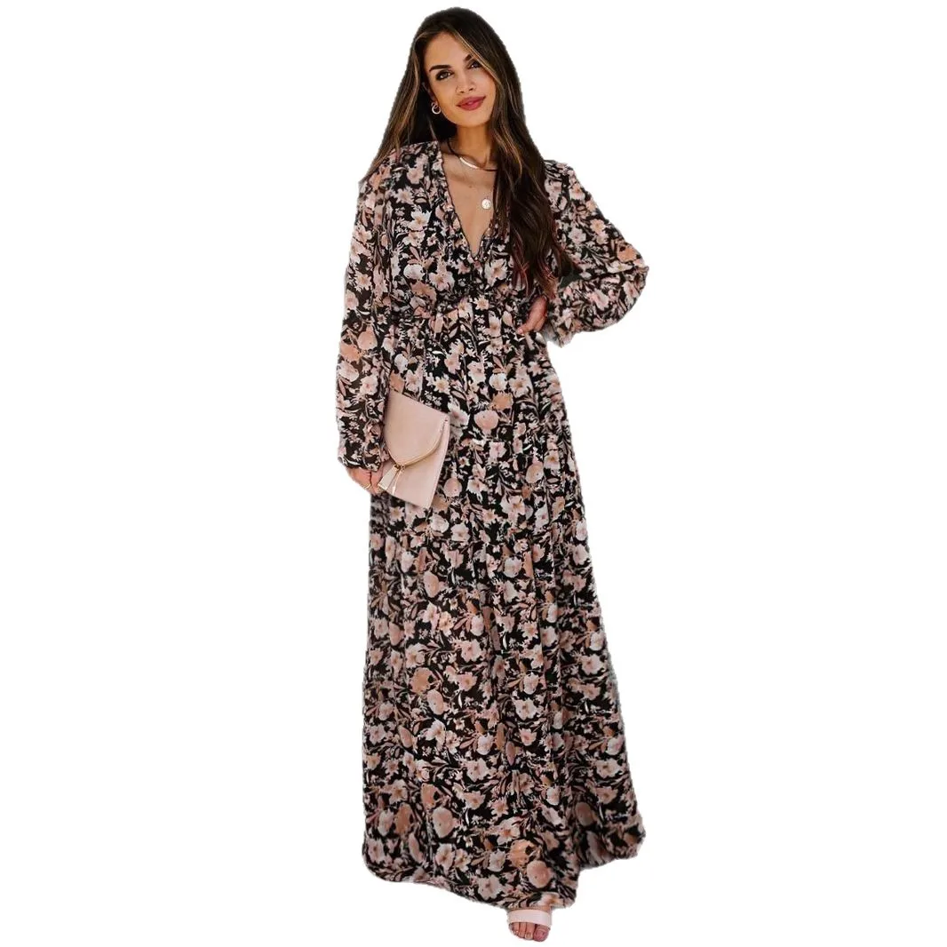 Printed Long Sleeve Dress a Line Silhouette Workwear Style with Princess Sleeve 3D Pattern Mid Waist Long Dress Summer for Women