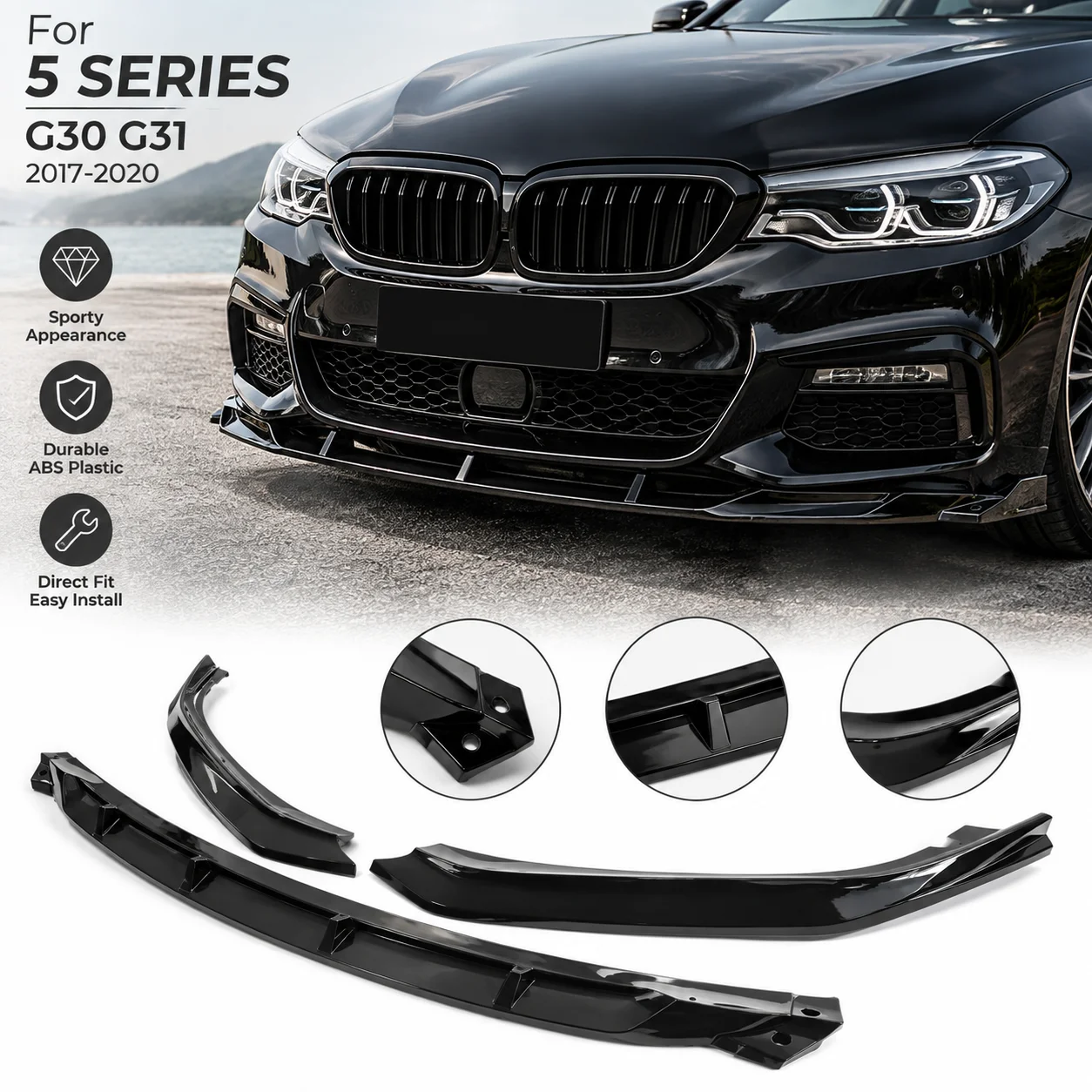 Für BMW 5er G30 G31 520i 530i 540i M Sport Frontstoßstangenlippe Spoiler Splitter Diffusor Karosserie-Kit Tuning-Schürze 2017-2020 Hochglanz-Schwarz Carbon-Optik ABS-Kunststoff M Performance-Stil
