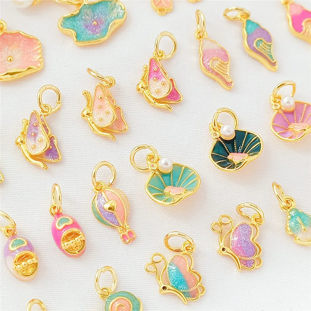 18K Gold-plated Oil-drip Lotus Leaf Butterfly Pendant, Diy Handmade Necklace, Bracelet, Beaded Jewelry Accessory Material