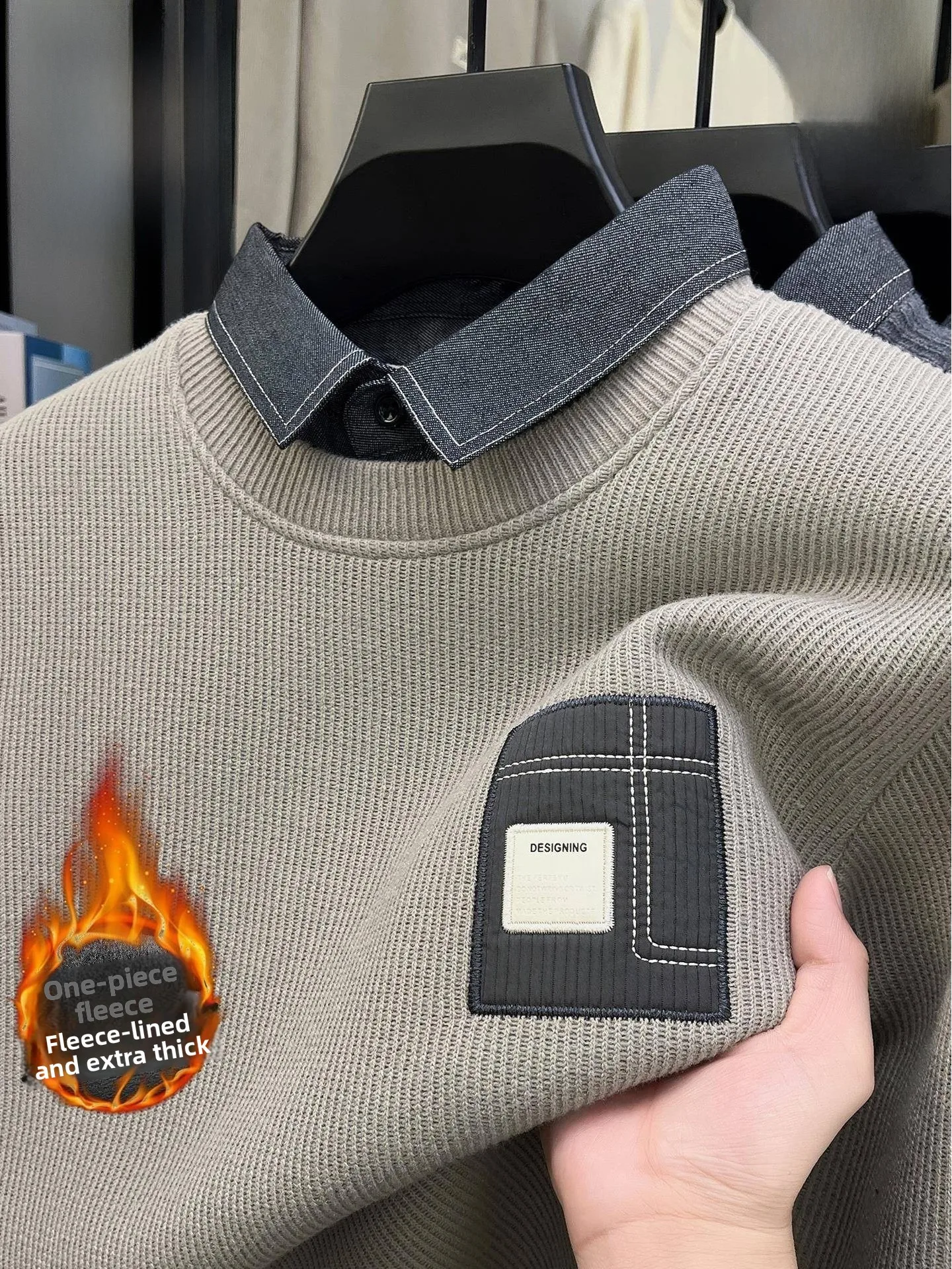 

Men's Winter Thiened Fce Lined Knitted Base irt Casual Faion Outerwear Polyester Fiber Long Sve Ne Sweater