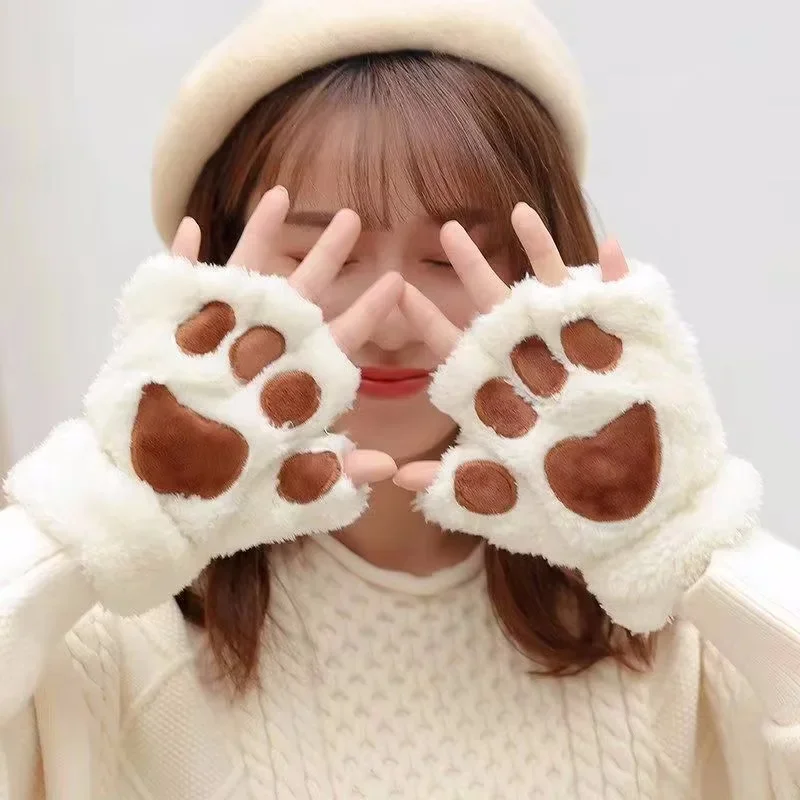 Fluffy Cat Paw Fingerless Gloves Plush Animal Design Mittens Bear Paw Style for Costume Events Casual Wear Gifts Pack Parties
