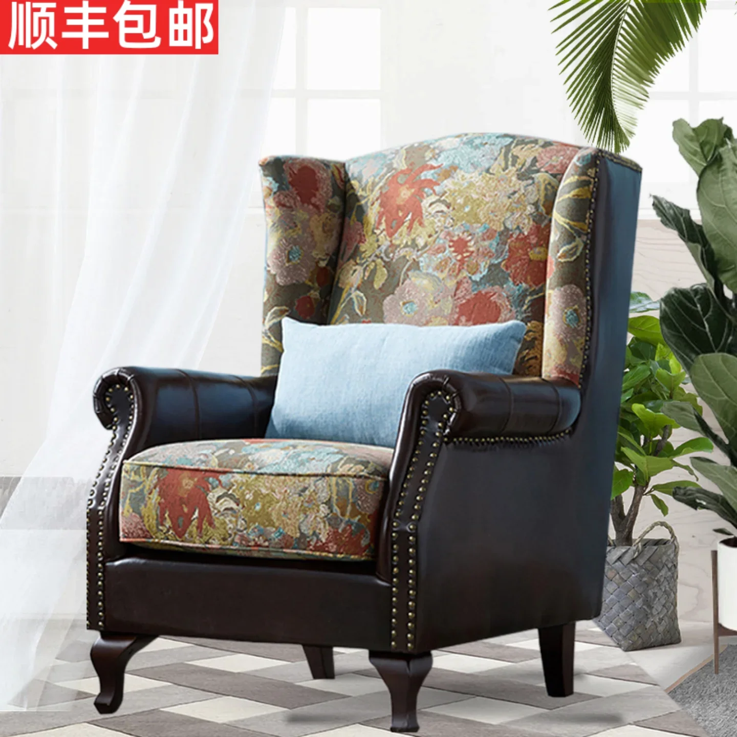 BJ American Leather Fabric Single Sofa Small Apartment Living Room Bedroom Study High Back Lazy Sofa