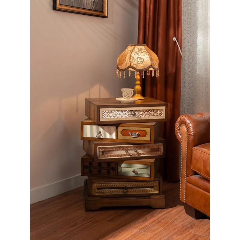 

American retro rotating bedside table antique designer small side cabinet solid wood locker small apartment storage cabinet