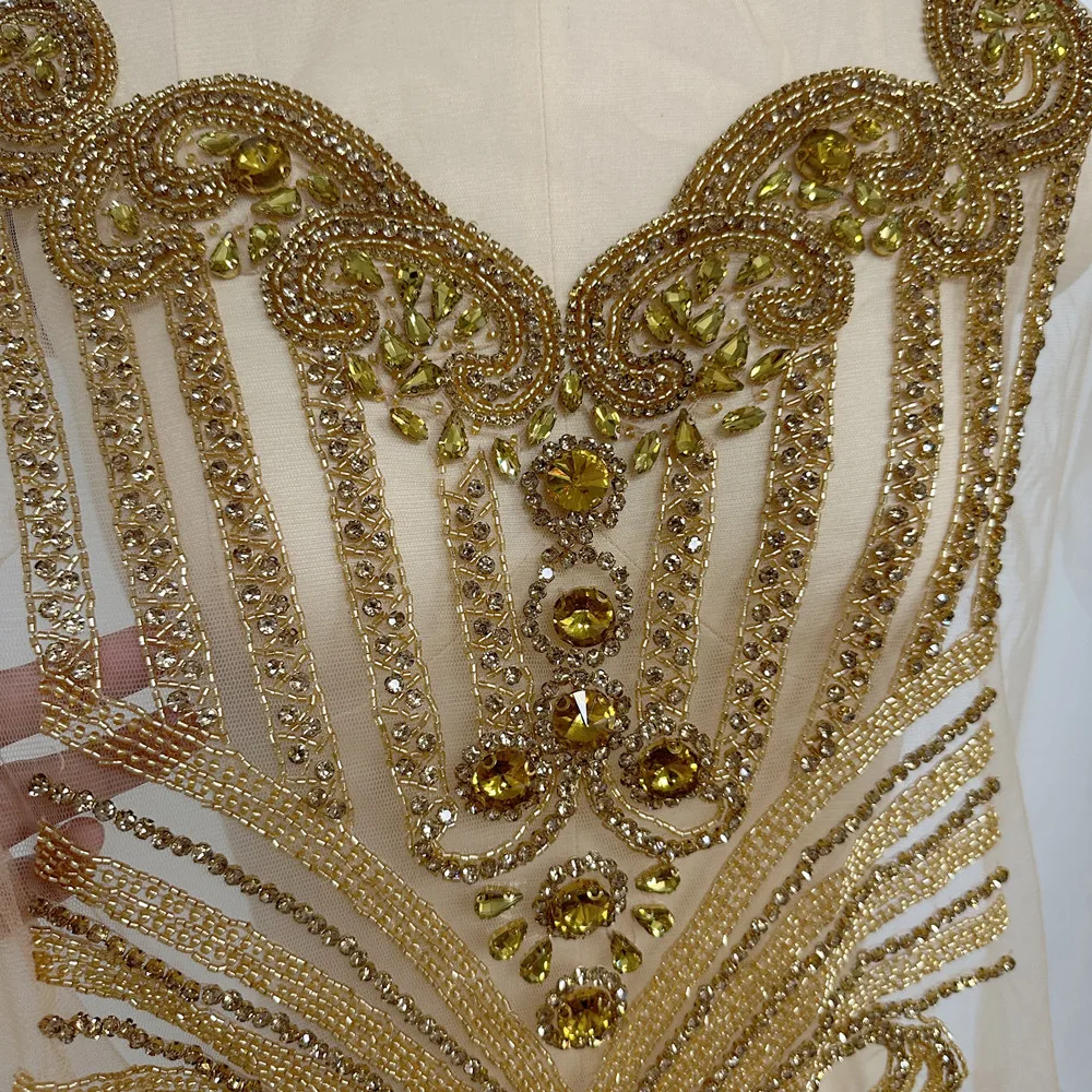 Gold Rhinestones Fashion Applique Bodice Patch with Glass Crystal for Wedding Evening Dace Dresses