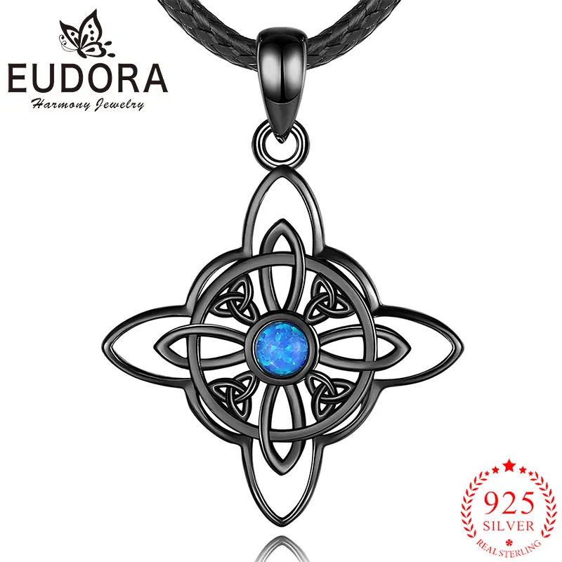 Eudora 925 Sterling Silver Witchcraft Celtic Knot Necklace Opal Black Witch Pendant for Men Women Personality Jewelry Gift