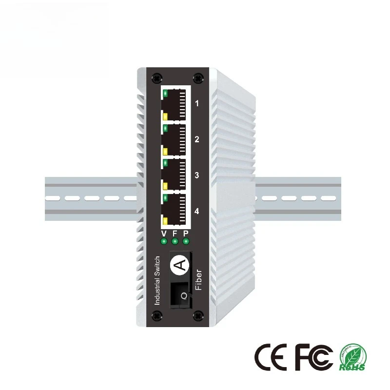 4-port RJ45 Industrial Switch, 1 SC Port Single-mode Single Fiber VLAN Isolated DC Dual Power Supply