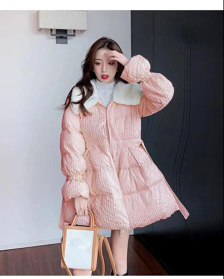 Korean Sweet Mid-Length Padded Coat for Women Winter Doll Collar Waist-Cinching Puffer Parkas Woman A Line Fluffy Quilted Jacket