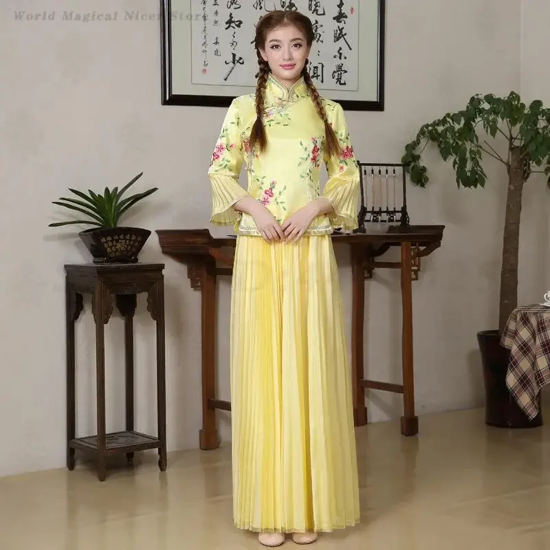 

Свадебный костюм подружки невесты Тан, топ и юбка Xiuhe Cheongsam, китайская традиционная одежда Hanfu Qipao, нарядное платье для выступления на сцене 3XL