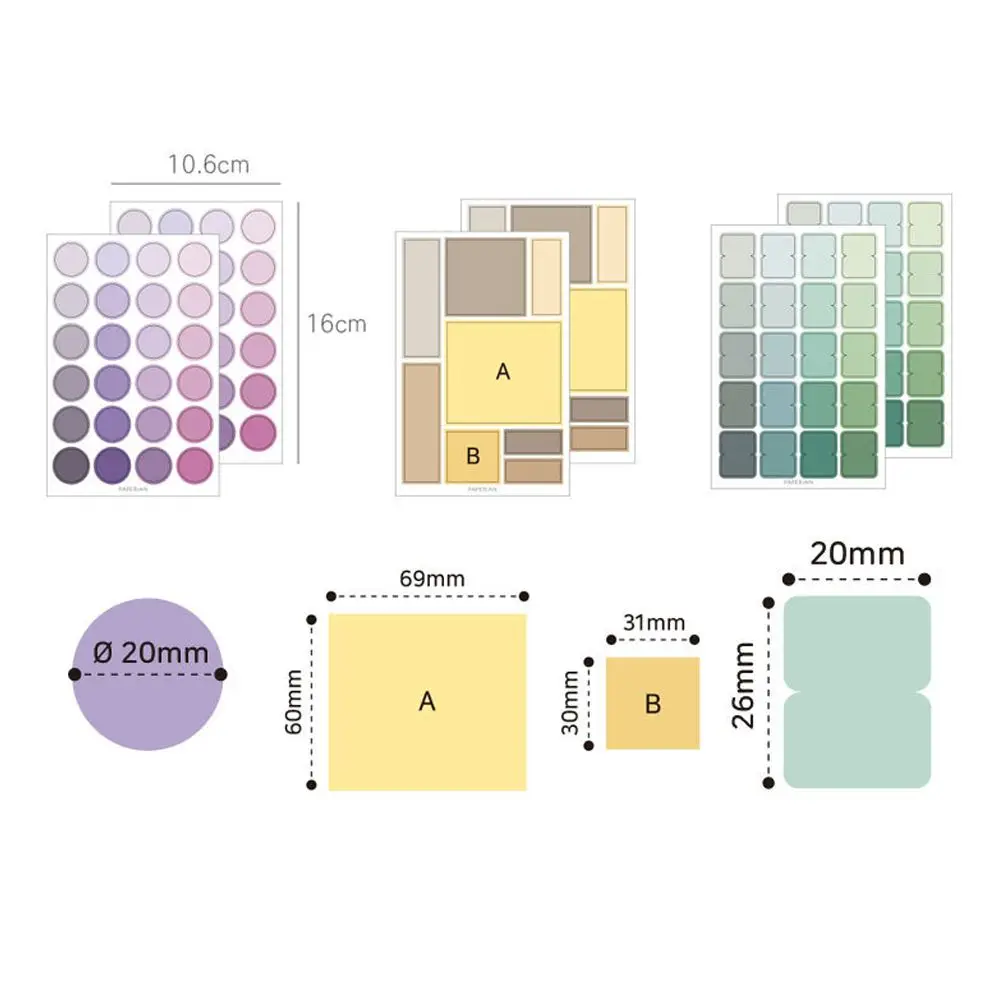 4 Sheets/Set Geometric Solid Color Multifunctional Adhesive Sticker Scrapbooking Basic Label Paper Sticker