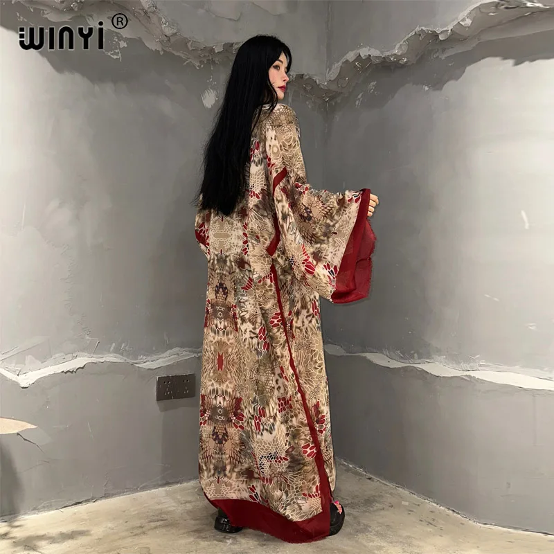 WINYI kimono summer boho print beach outfits for women cover-up long coat elegant Africa coat beach outfits for women maxi dress