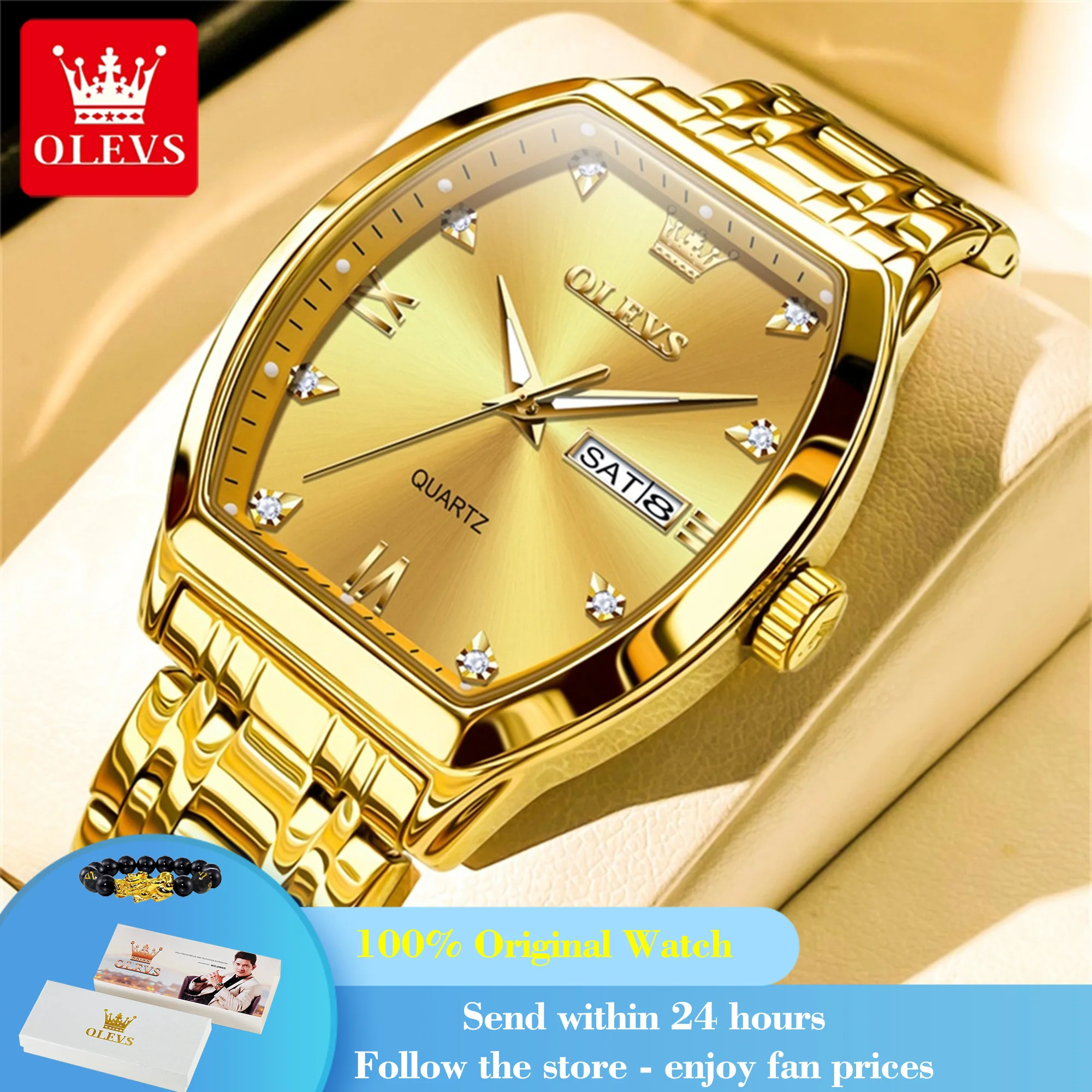

OLEVS 5528 Man Watch Fashion Original Waterproof Roman Scale Dress Wristwatch Dual Calendar Tonneau Dial Quartz Watch For Men