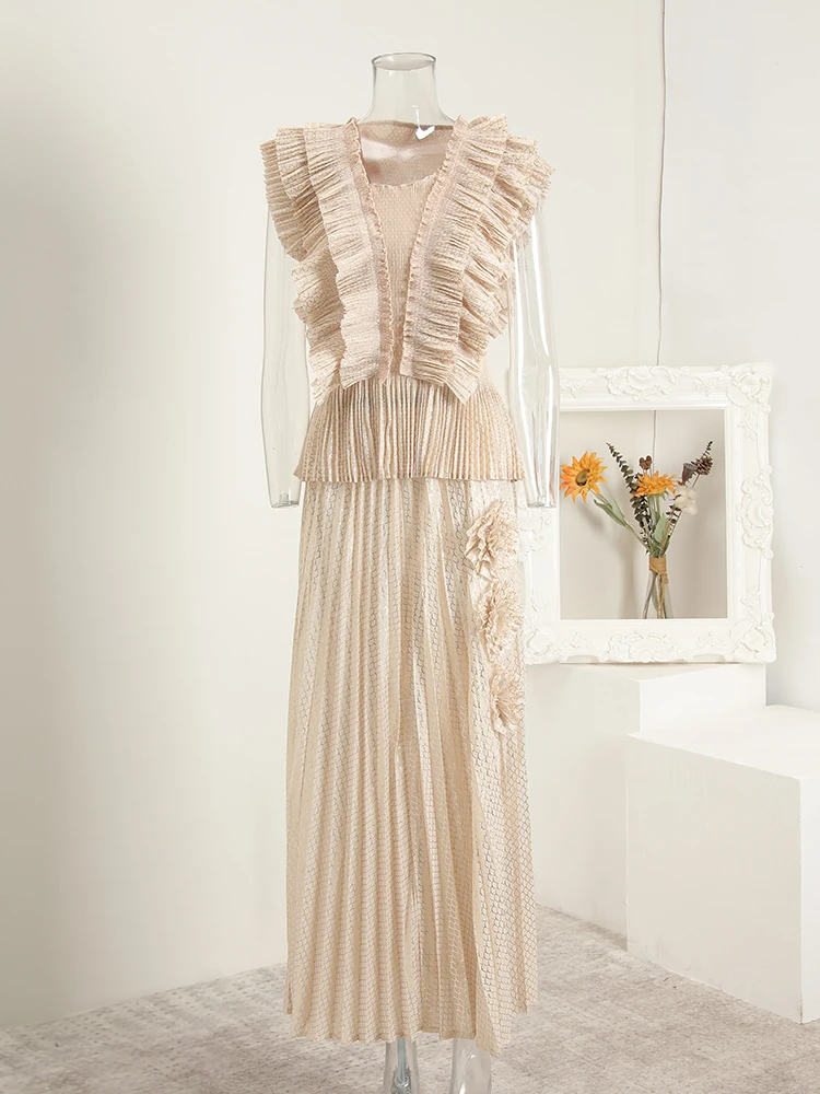 Miyake Celebrity Elegant Double-Layer Lotus Leaf Edge V-Neck Sleeveless Waist Top + High Waist Skinny Split Split Skirt Set