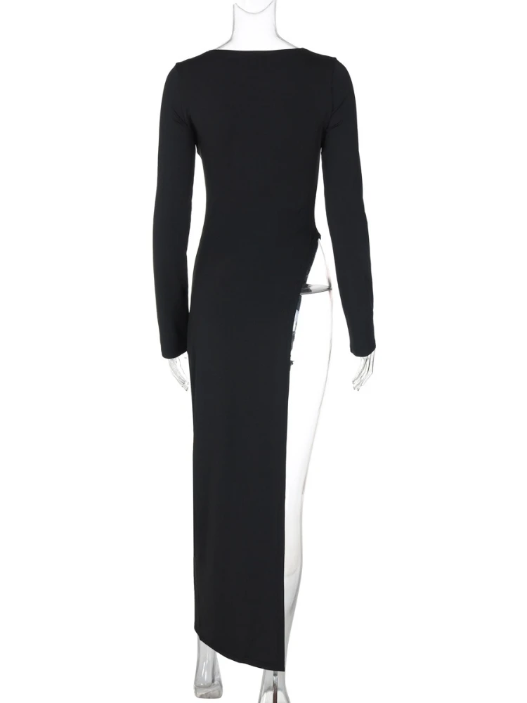 Mulher roupas o pescoço manga longa alta fenda sólido preto camiseta vestido streetwear senhoras chique irregular longo festa clube vestidos