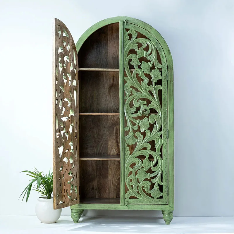 

French retro carved dining side cabinet arched old solid wood wine cabinet double door oak book living room decoration