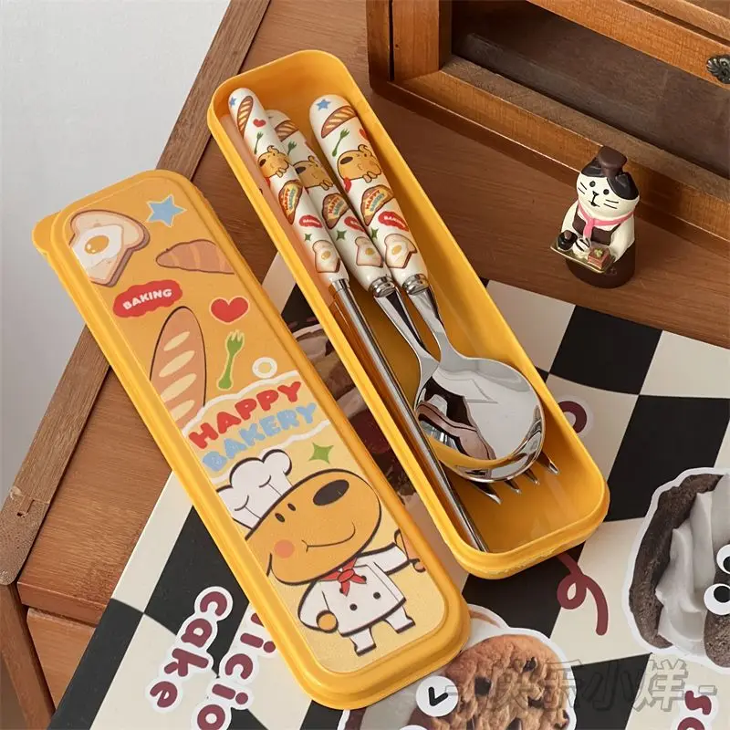 Anpanman Set di stoviglie in acciaio inossidabile Cartoon Kawaii Forks cucchiai Cute Student Portable stoviglie Storage Box regalo per bambini