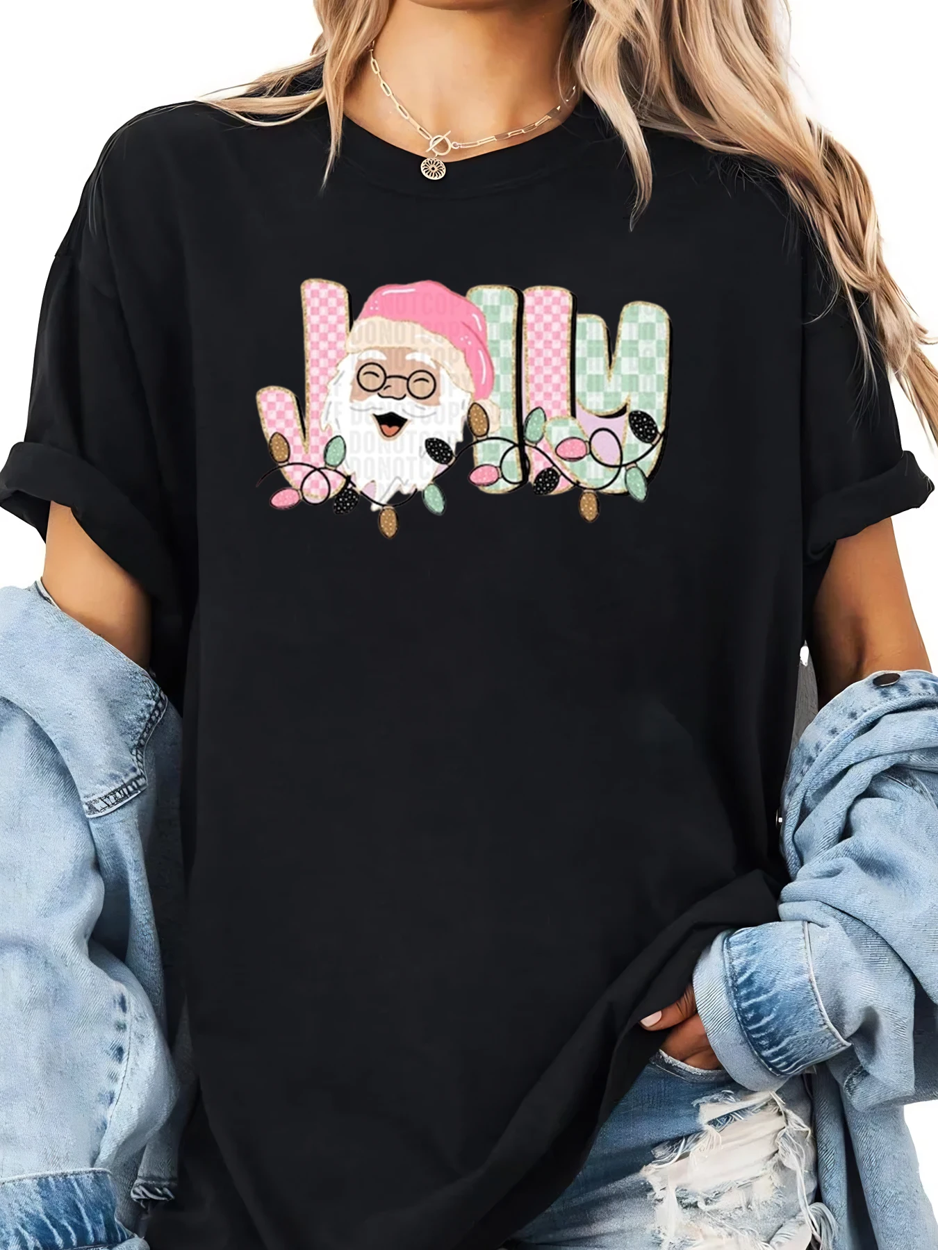 Camiseta navideña con estampado de Papá Noel para mujer, ropa informal negra de talla grande