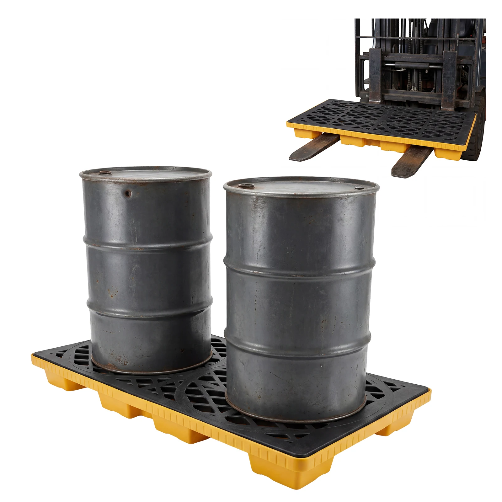 Drum Spill Pallet, 1500 Lbs Capacity, Heavy-Duty Forkliftable Modular Spill Containment Tray for Industrial Oil, 26.5 x 26.5 x 6 Inch