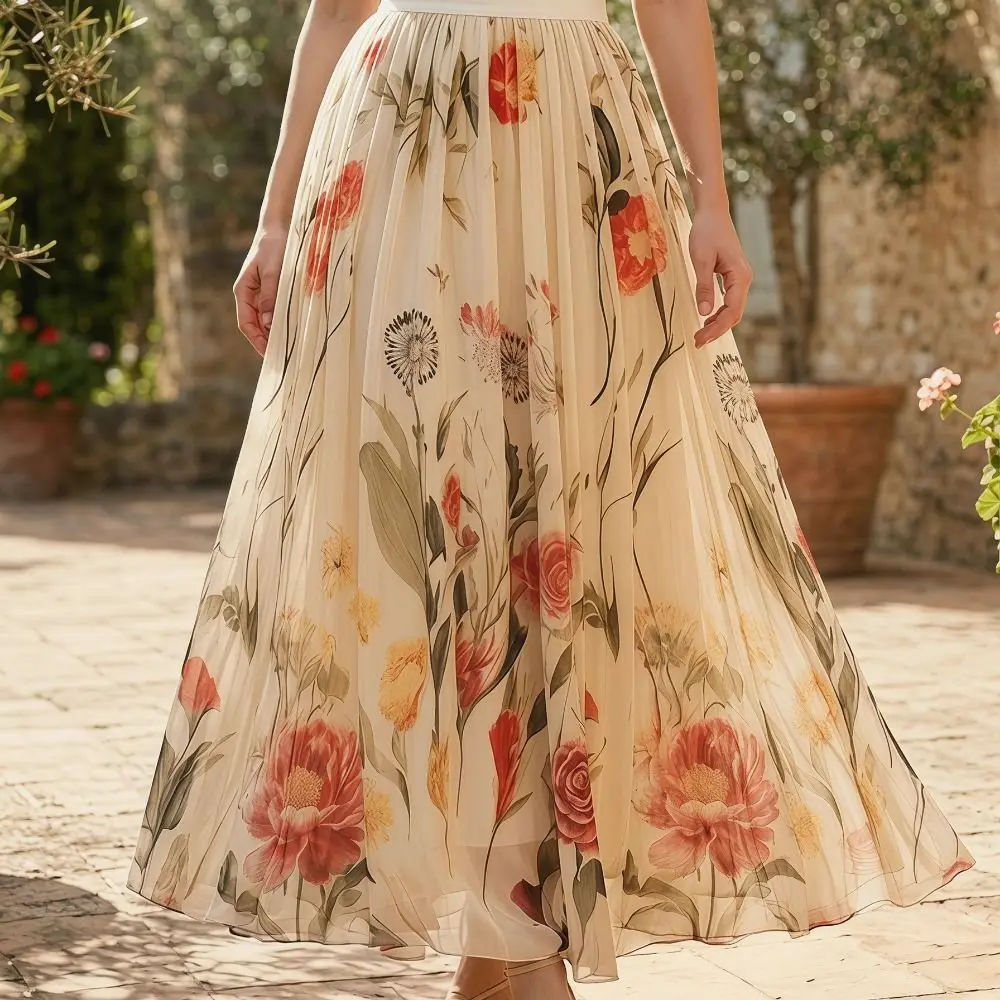 Elastic Waist Women Printed A-line Skirt Mesh Overlay Flower Embroidery Long Skirt Pleated High Waist Skirts Casual Attire