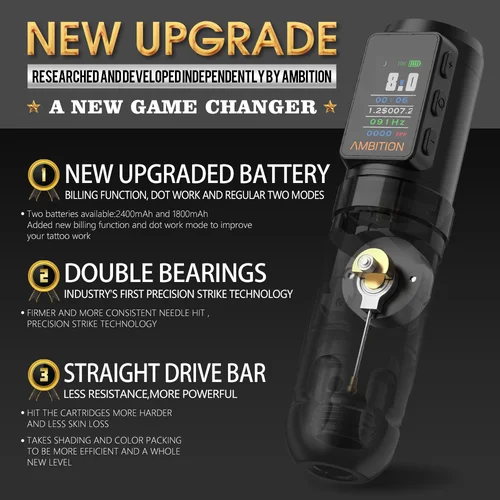 Imagen 2 del producto Ambition Soldier Max-máquina de tatuaje inalámbrica, pluma con doble rodamiento, varilla recta, pantalla a Color de 2400mAh, batería de facturación, Motor Sin Núcleo