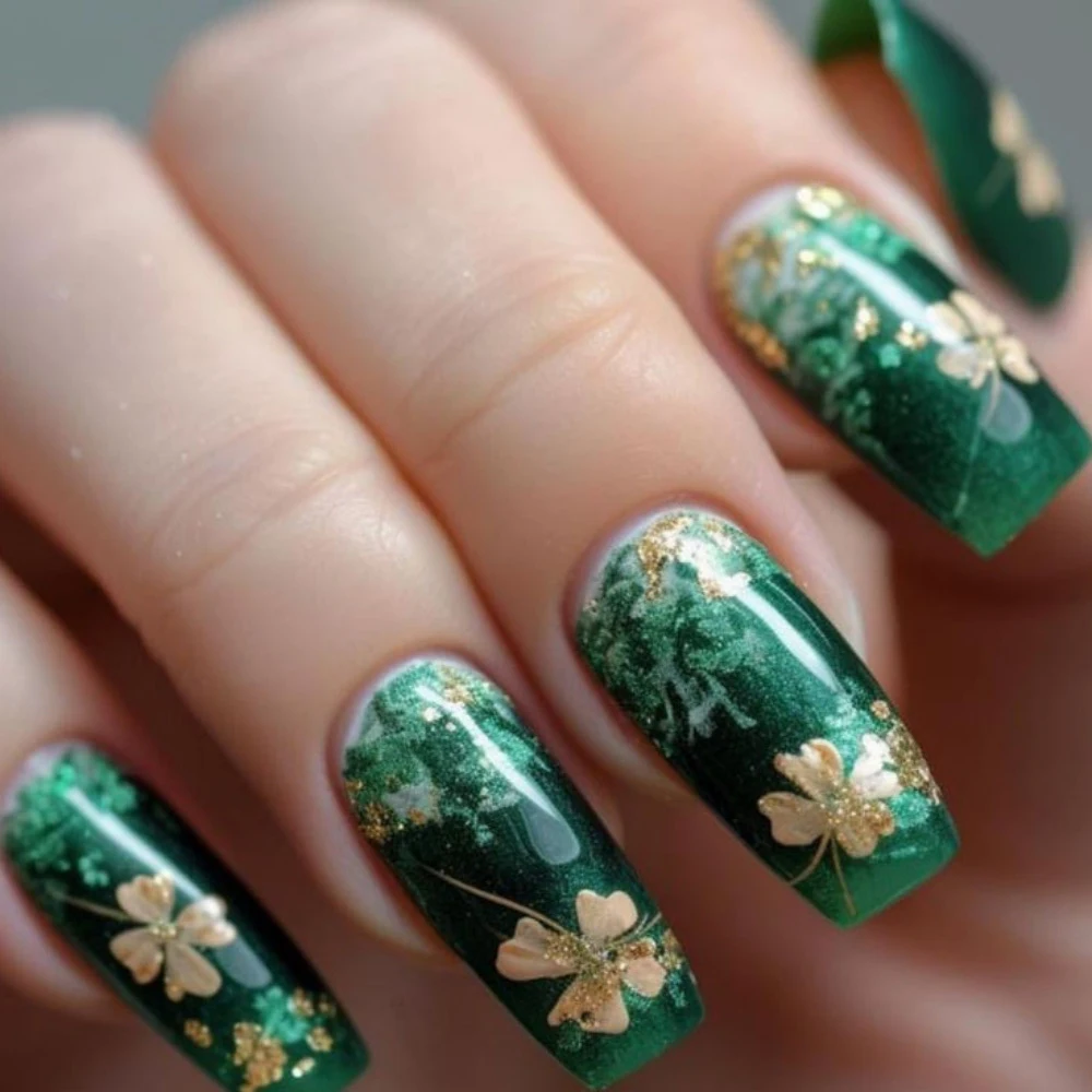 Medium fake nails for women girls Gradient dark green with yellow flora design square shape nail tips full cover press on nails