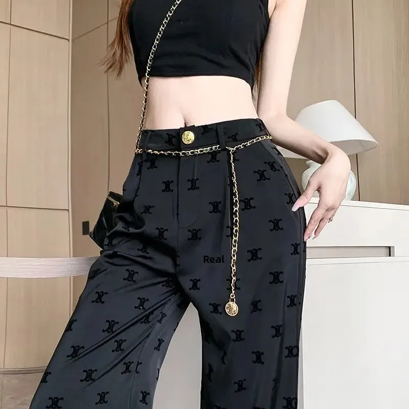 Pantalones de pierna ancha flocados negros para mujer, pantalones holgados de cintura alta, novedad de verano, pantalones informales rectos hasta el suelo con cadena a la moda