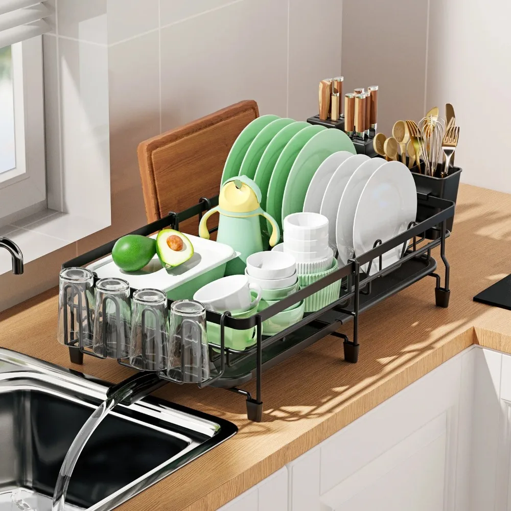 

Dish Drying Rack, Dish Rack with Drainboard, Kitchen Expandable Dish Drying Rack with Rotatable Swivel Spout and Utensil Holder