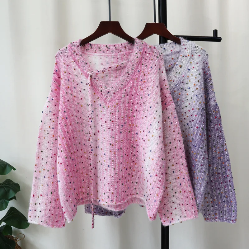 

Fashion Sequin Sweater Women Autumn/Winter New Chic Color Point Design Loose Knitted Pullovers Trend V-Neck Knitwear Tops