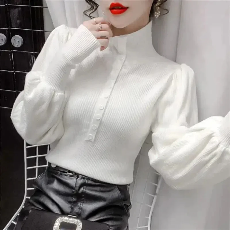 Autumn New Long Sleeve Slim Pullovers Solid All-match Button Simplicity Elegant Sweaters Fashion Temperament Women Clothing