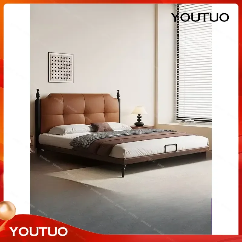for Bed 2025 New Medieval French Retro All Solid Wood Leather Small Apartment Master Bedroom Double Bed
