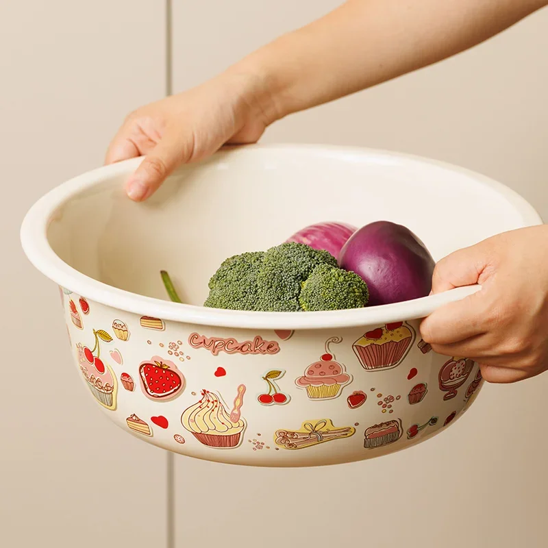 Enamel Basin Large Capacity Thickened Enamel Kitchen Vegetable Basin Cute Dessert Printing Household Soup Basin Container