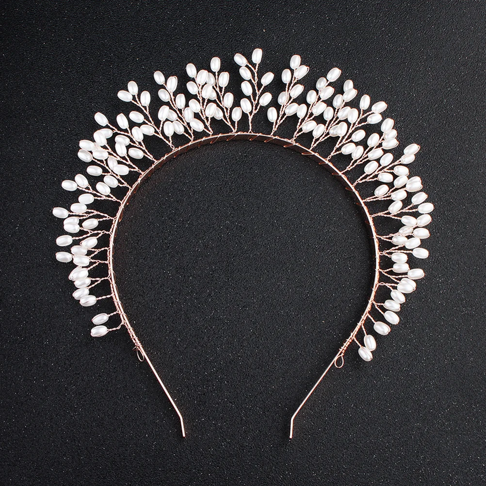 عصابة رأس على شكل تاج الزفاف من اللؤلؤ الاصطناعي الذهبي، طوق شعر مبالغ فيه للحفلات خفيف الوزن، رباط شعر على شكل تاج الزفاف #5