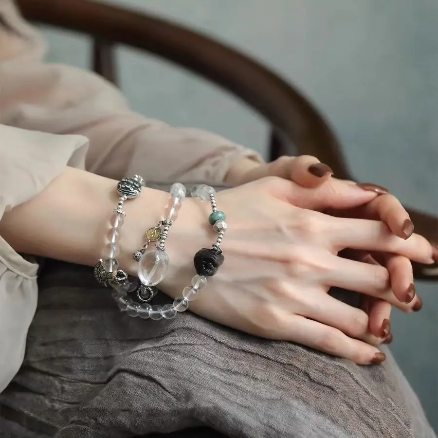 AETEEY 925 Sterling Silver Bracelet Natural Clear Quartz Obsidian Lion Jade Chalcedony Unisex Crystal Wrist Jewelry